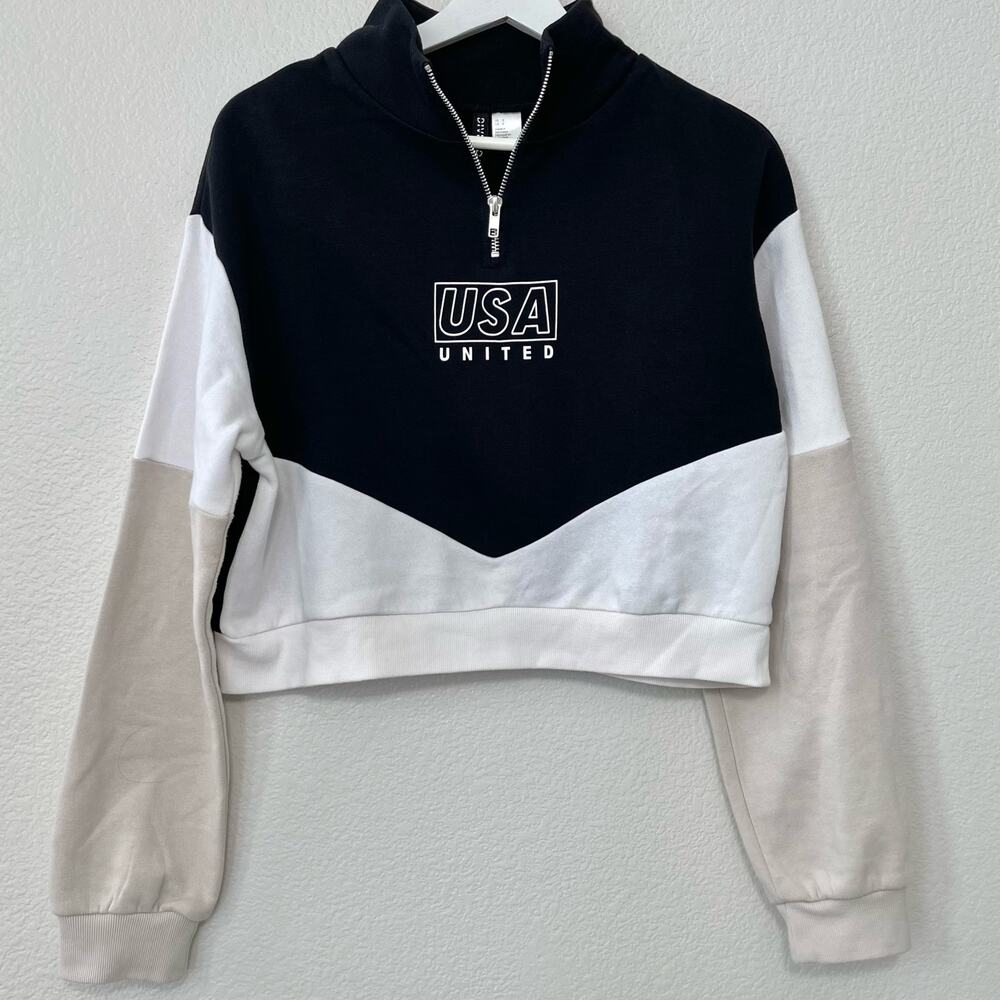 H&M Divided Womens Black USA Quarter Zip Coloblock Crop Sweater Size Small Top